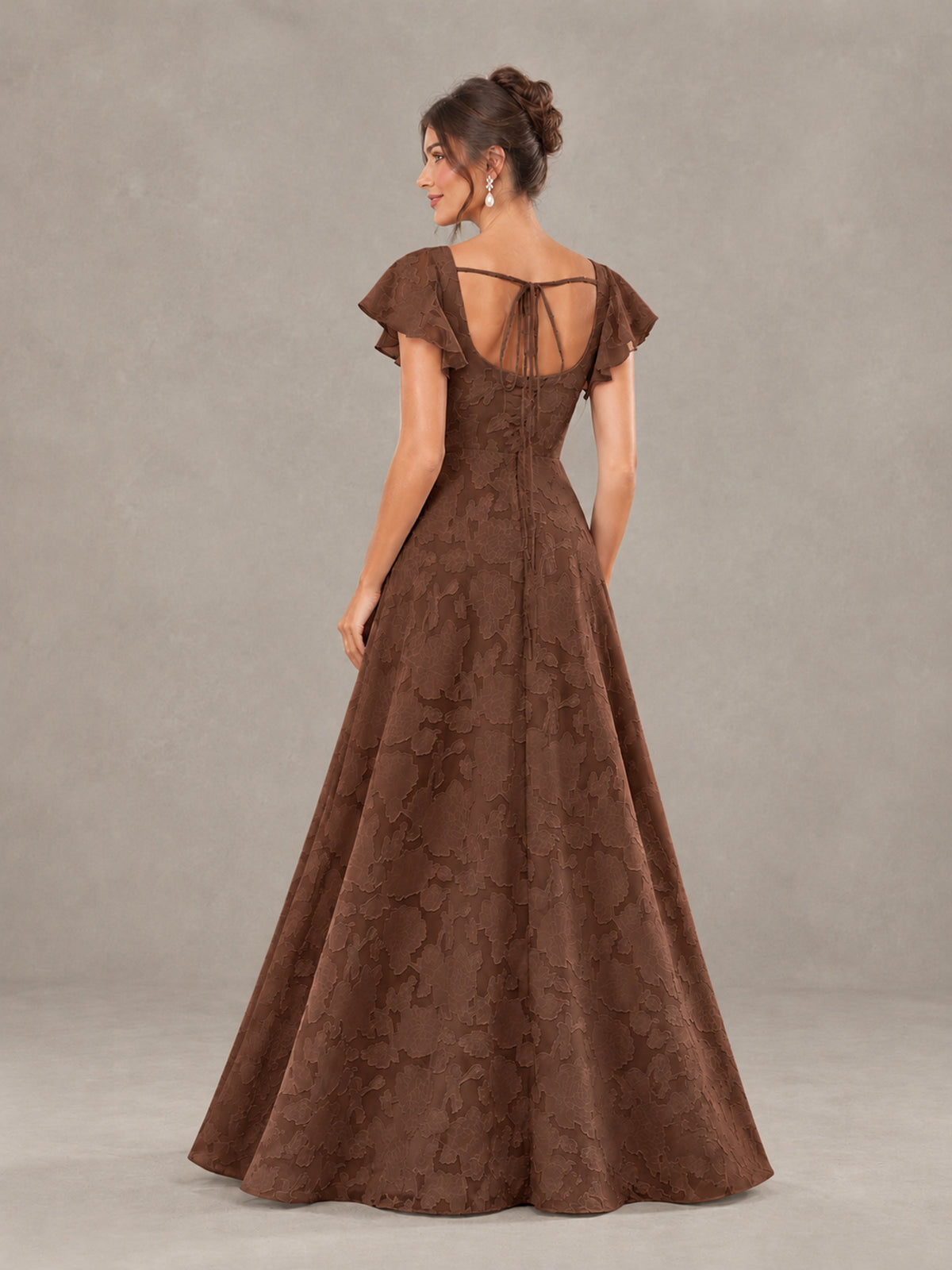 BOLODOO Brown Floral Flutter Sleeve Bridesmaid Dress with Slit - Brown - Brown (2)