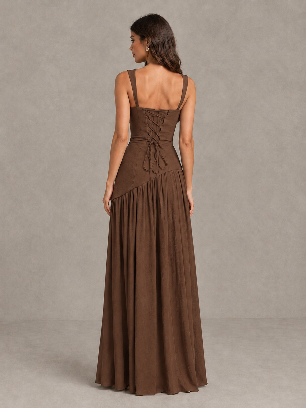 BOLODOO Brown Brown Scarf Bridesmaid Dress with Lace-Up Back - Brown - Brown (2)