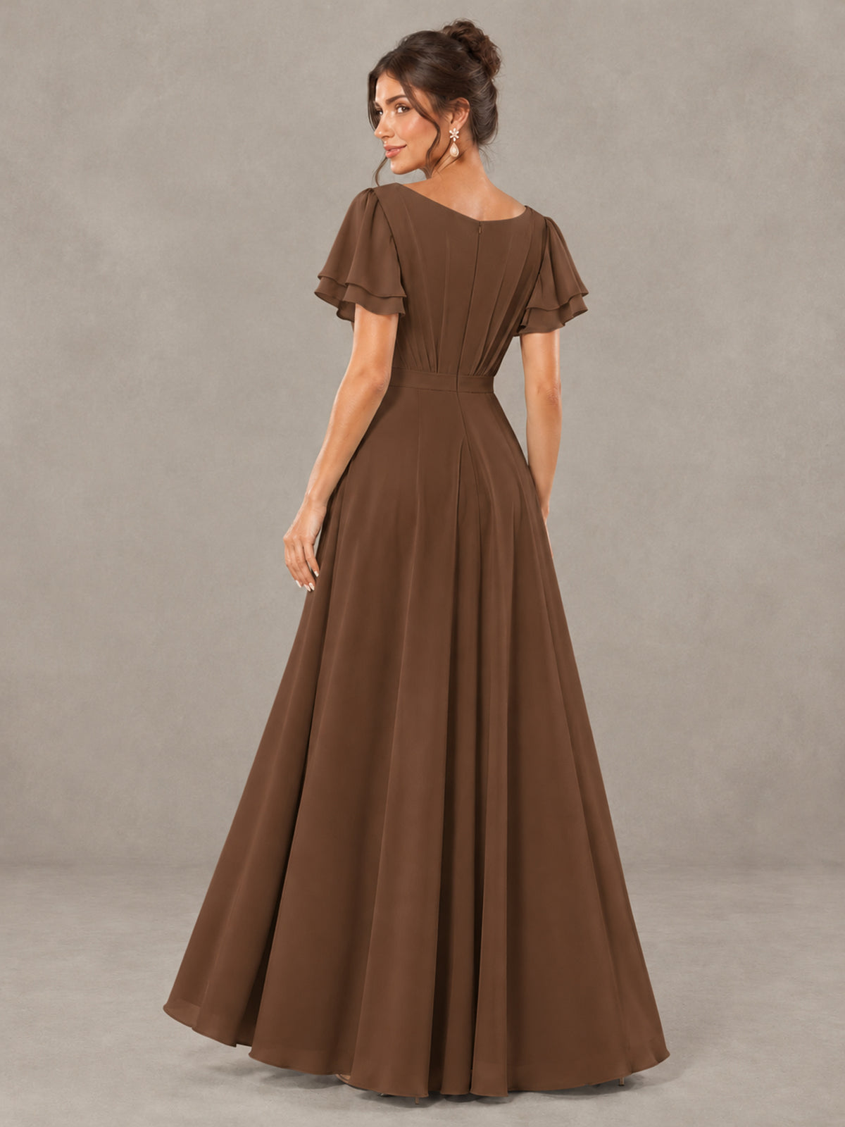 BOLODOO Brown Flutter Sleeve Ruffle Bridesmaid Dress with Slit - Brown - Brown (2)