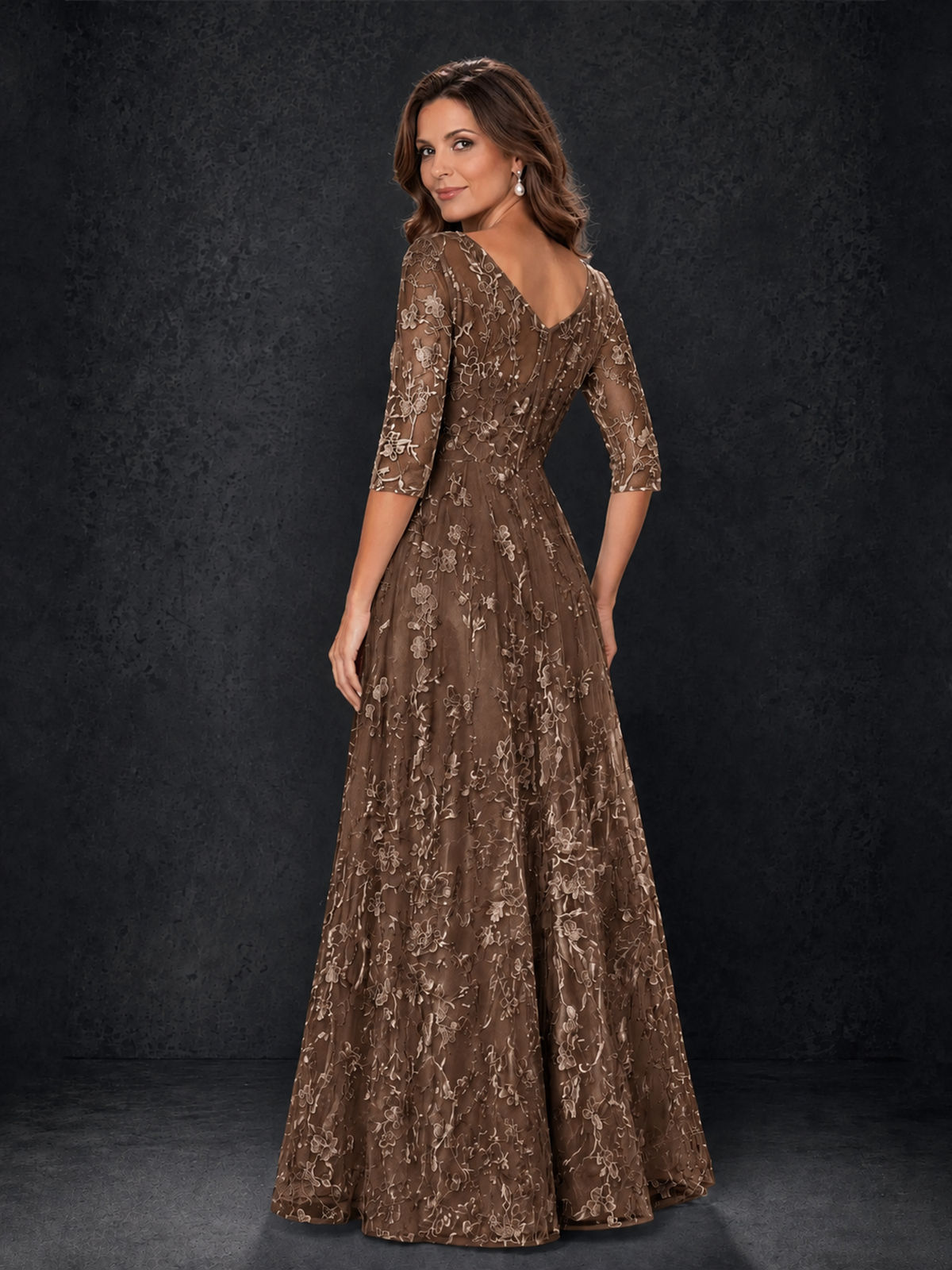 BOLODOO Wisteria Brown Illusion Bateau Neck 3/4 Sleeve Floral Lace A-Line Mother of the Bride Dress MX007 - Brown