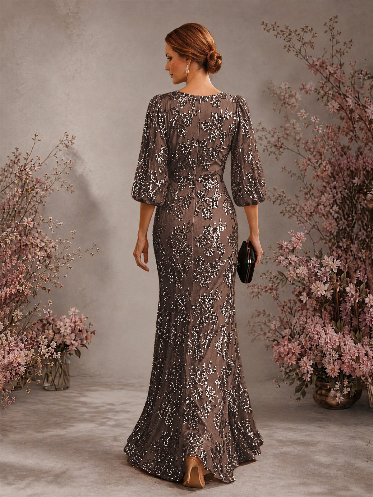 BOLODOO Brown V-Neck Lantern Sleeve All-Over Sequin Floral Embroidered Mermaid Gown - Brown