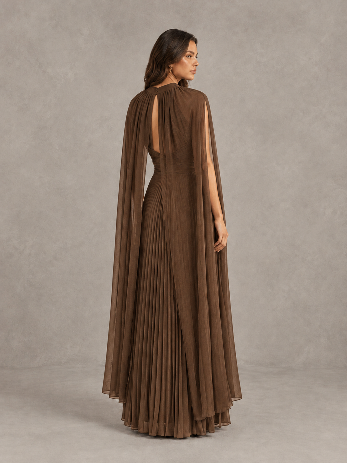 BOLODOO Brown Pleated Cape Maxi Wedding Guest Dress - Brown - Brown (2)