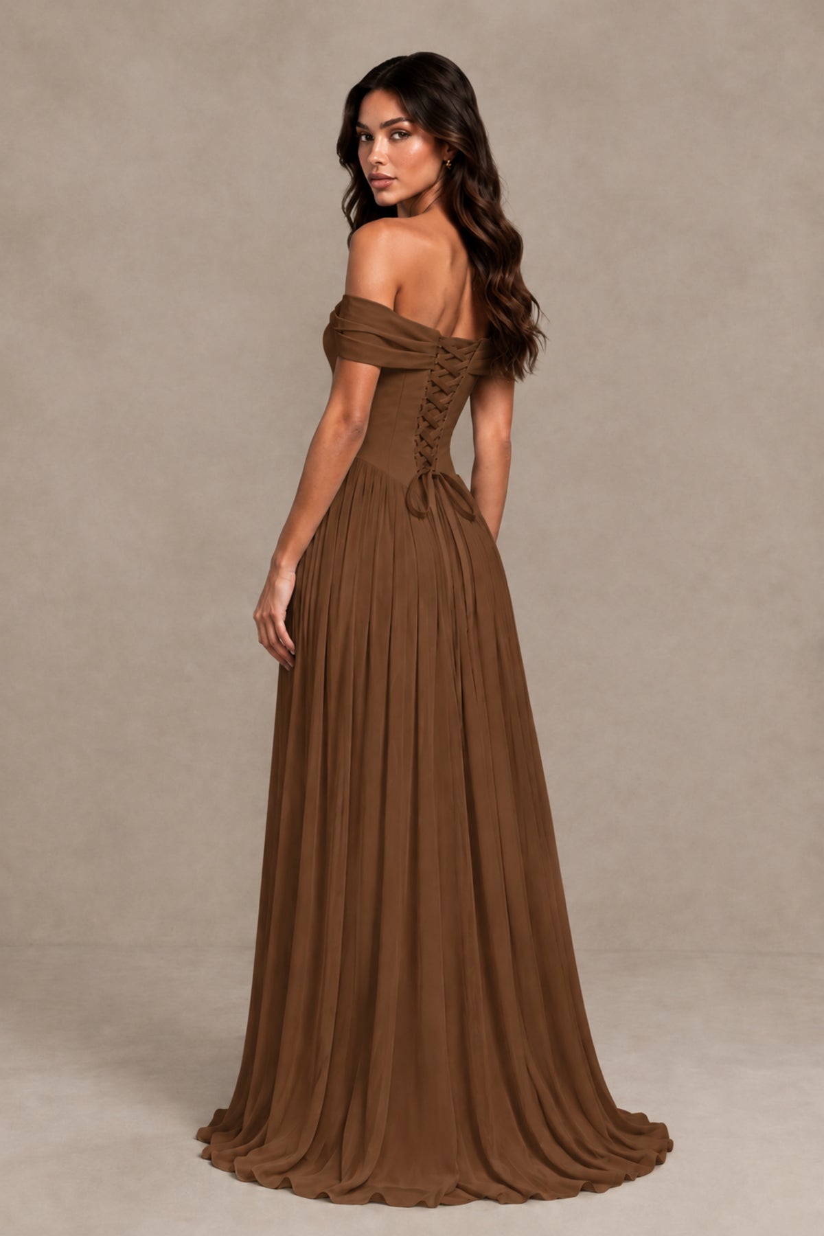 BOLODOO Brown Off-Shoulder Sweetheart Corset Pleated Chiffon Maxi Dress - Brown - Brown (2)