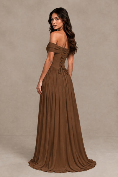 BOLODOO Brown Off-Shoulder Sweetheart Corset Pleated Chiffon Maxi Dress - Brown - Brown (2)