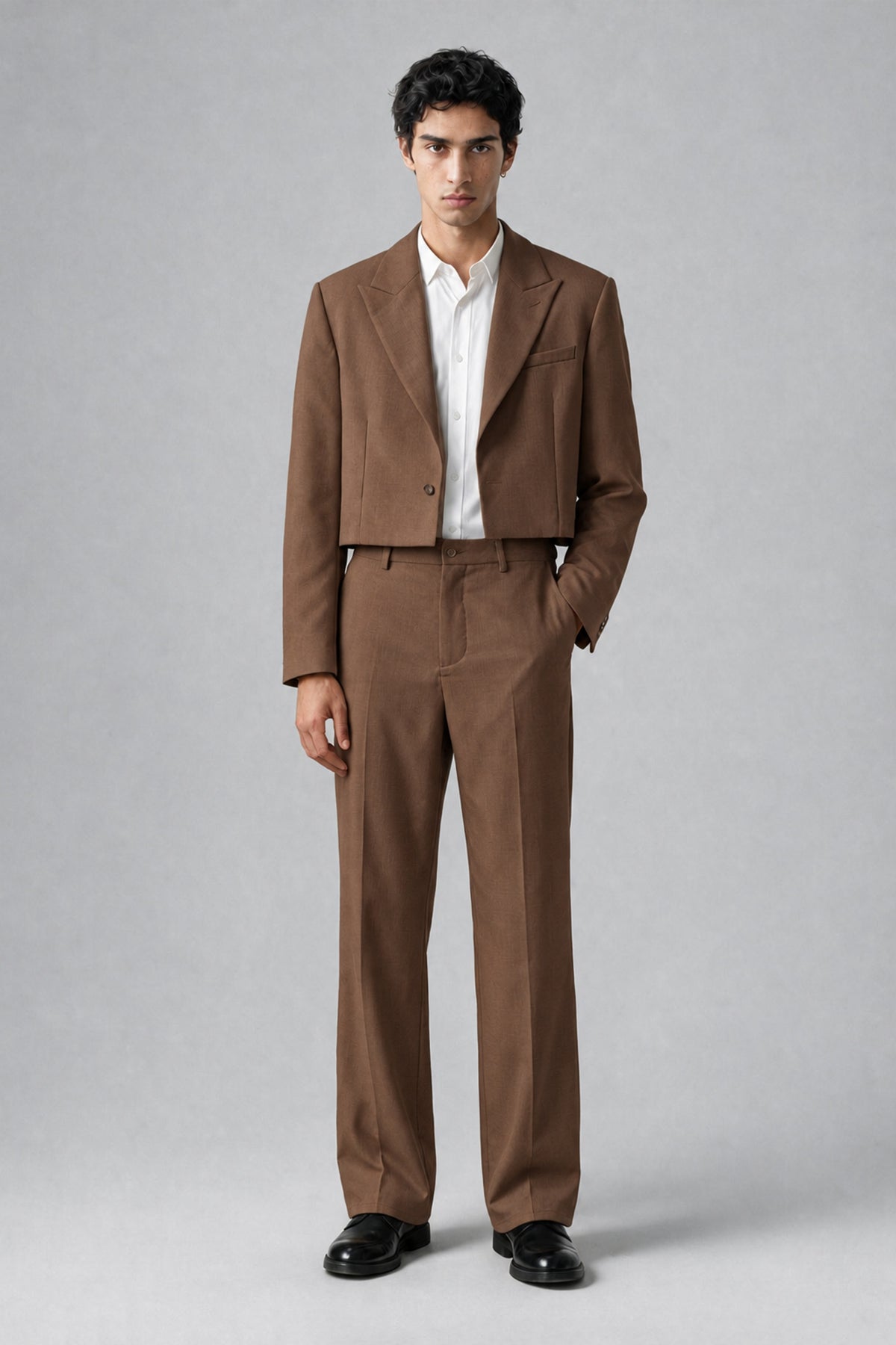 Bolodoo Men's Brown Cropped Blazer & Wide-Leg Trousers 2-Piece Suit - Brown - Brown (2)