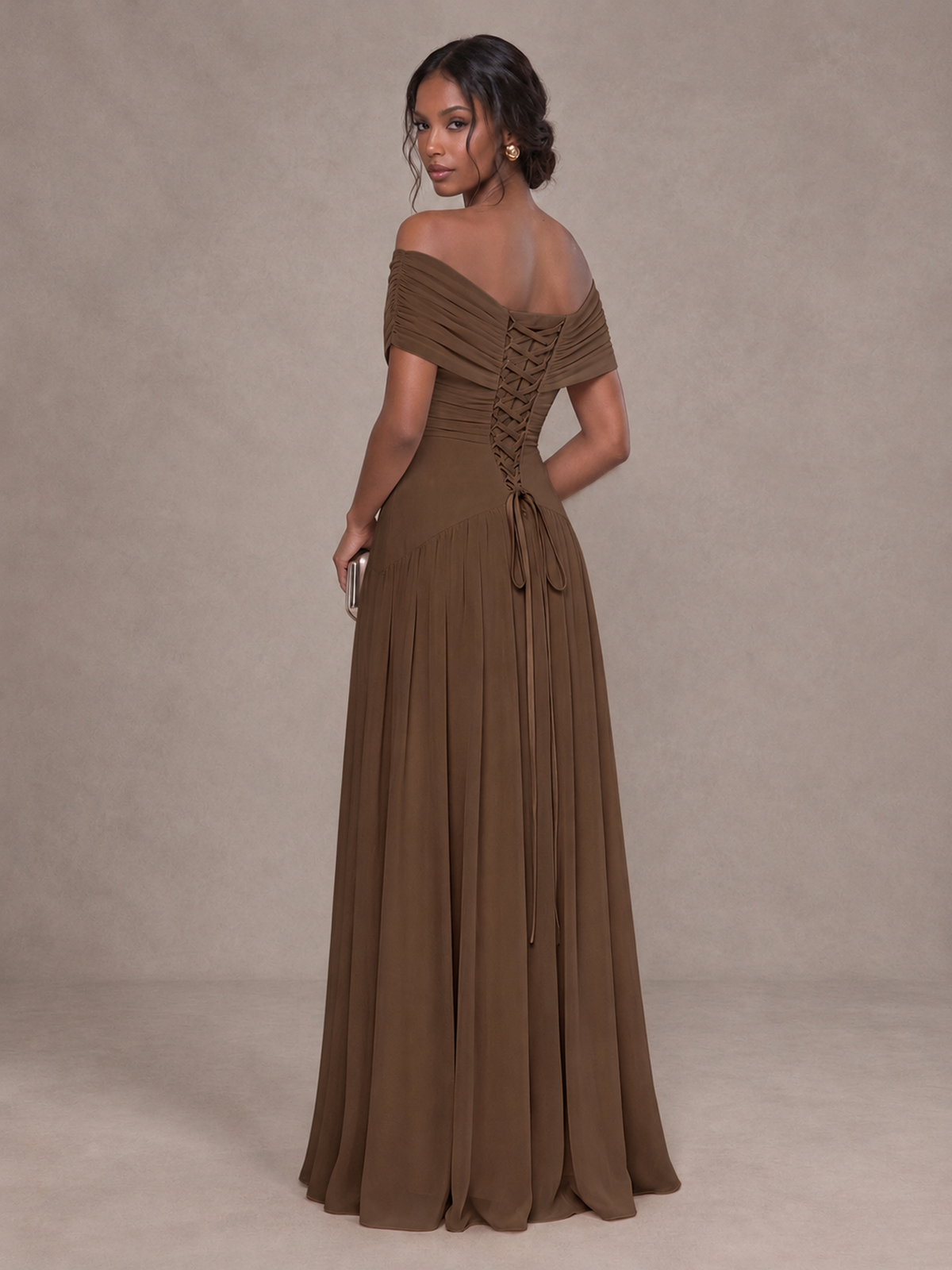 BOLODOO Brown Off-Shoulder Ruched A-Line Bridesmaid Dress - Brown - Brown (2)
