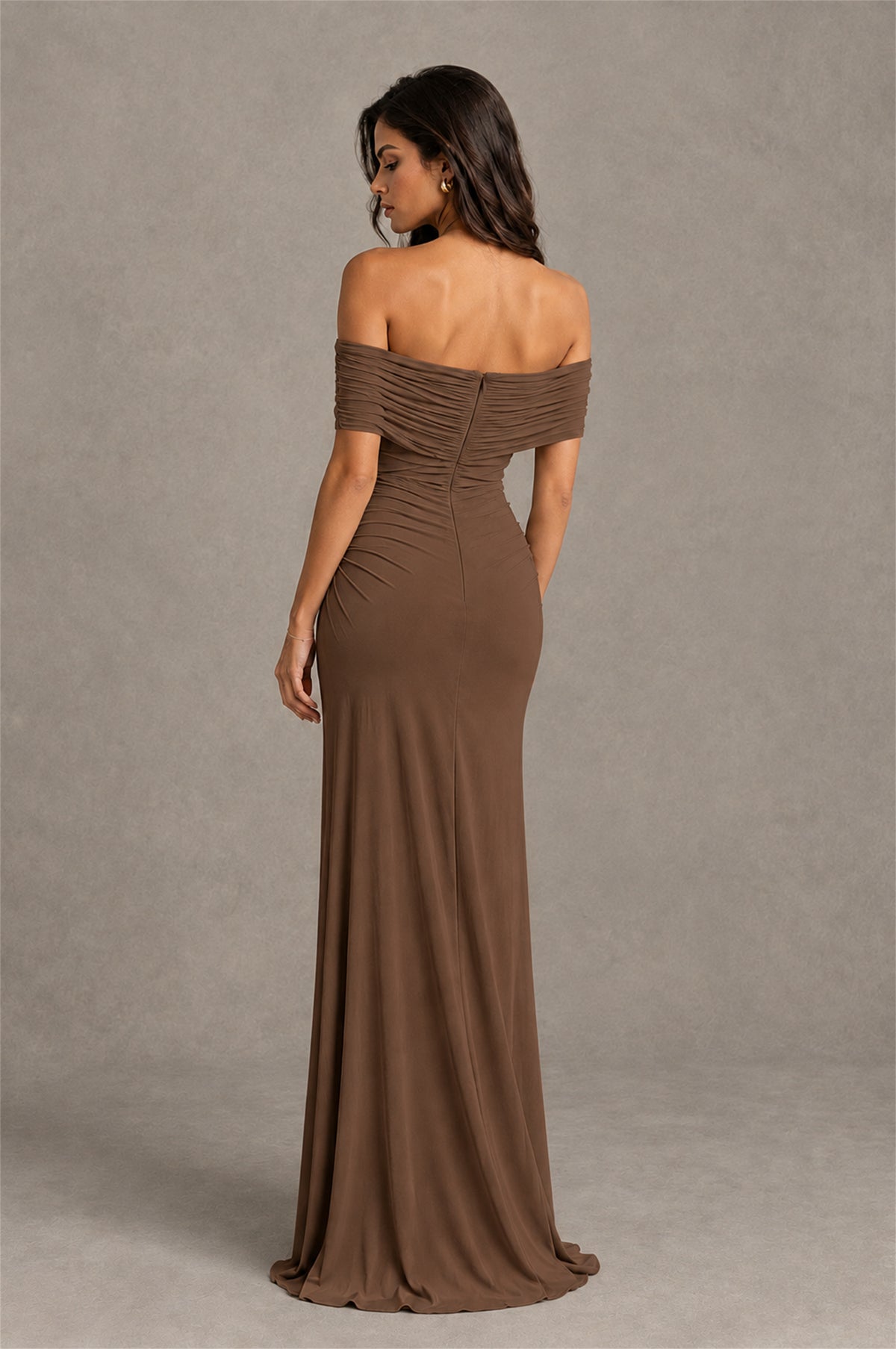 BOLODOO Brown Off-Shoulder Ruched Maxi Dress - Brown