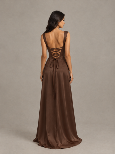 BOLODOO Brown Satin Lace-Up Bridesmaid Dress with Slit - Brown - Brown (2)