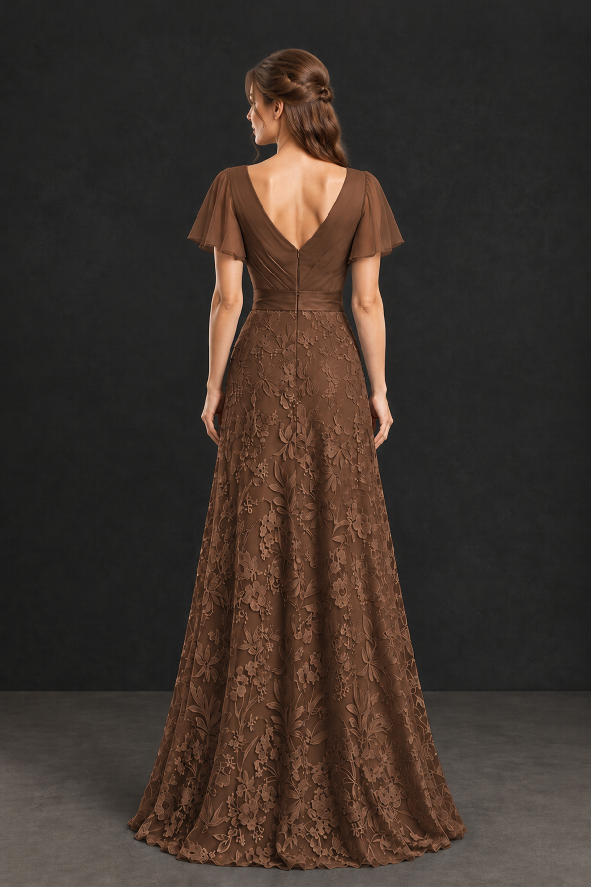 BOLODOO Brown Flutter Sleeve Lace Mother of the Bride Dress - Brown