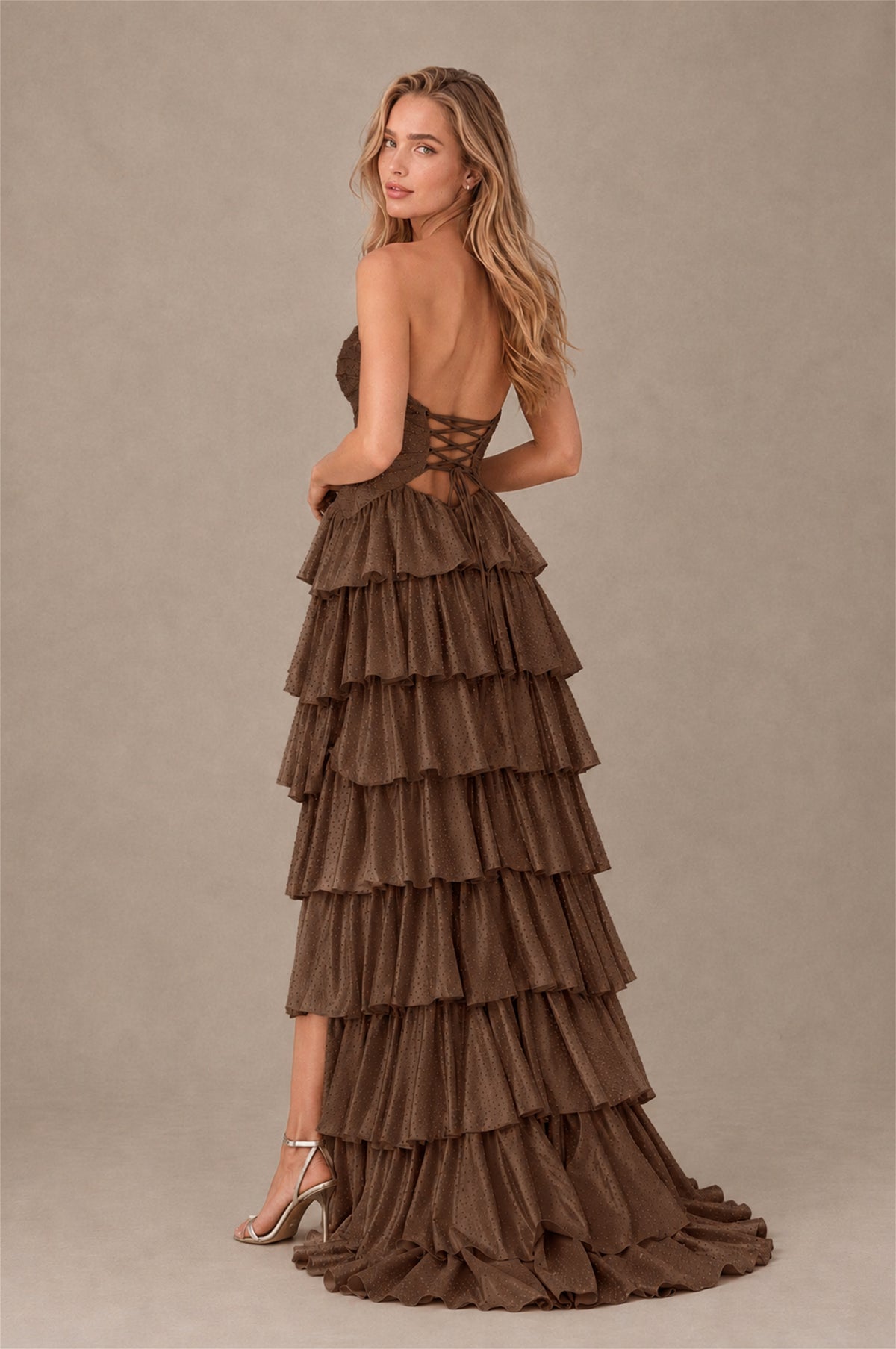 BOLODOO Brown Strapless Cutout Tiered Ruffle Prom Dress with High Slit - Brown - Brown (2)