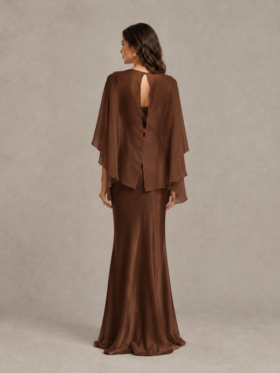 BOLODOO Brown Satin Mermaid Bridesmaid Dress with Chiffon Cape - Brown - Brown (2)