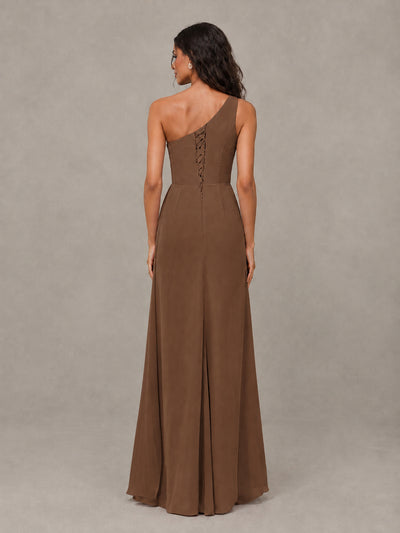 BOLODOO Brown One-Shoulder Chiffon Bridesmaid Dress with Ruched Bodice & High Slit - Brown - Brown (2)