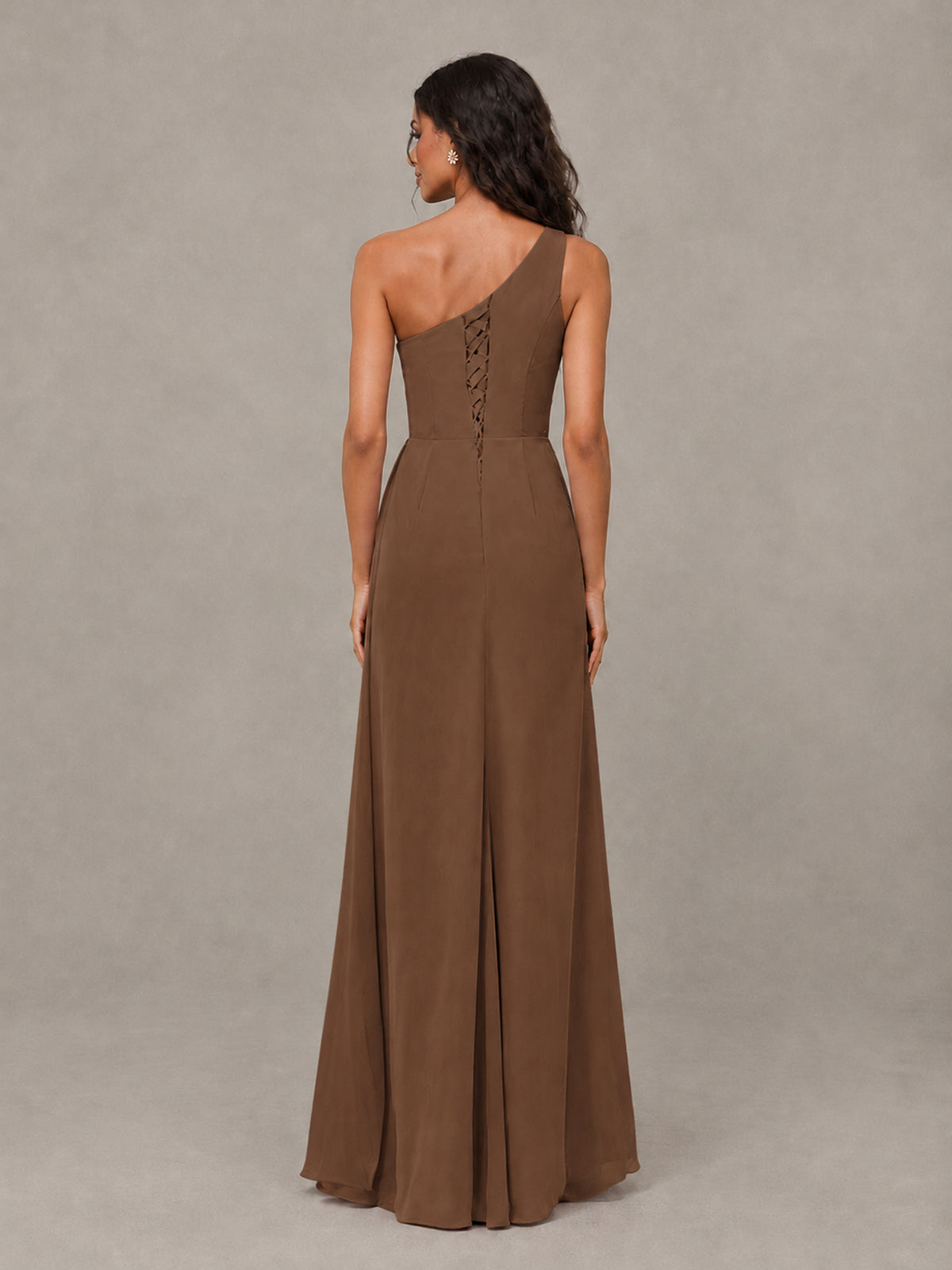 BOLODOO Brown One-Shoulder Chiffon Bridesmaid Dress with Ruched Bodice & High Slit - Brown - Brown (2)