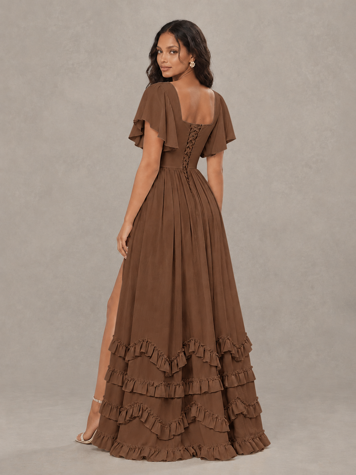 BOLODOO Brown V-Neck Flutter Sleeve Ruffle Bridesmaid Dress with Slit - Brown - Brown (2)