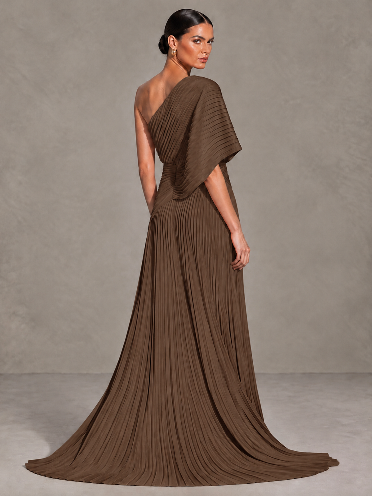BOLODOO Brown One-Shoulder Pleated Cape Evening Gown with Train - Brown - Brown (2)