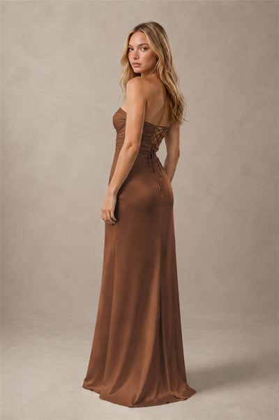 BOLODOO Brown Sweetheart Strapless Twist Knot Cutout Lace-Up Back Satin Mermaid Maxi Dress - Brown - Brown (2)