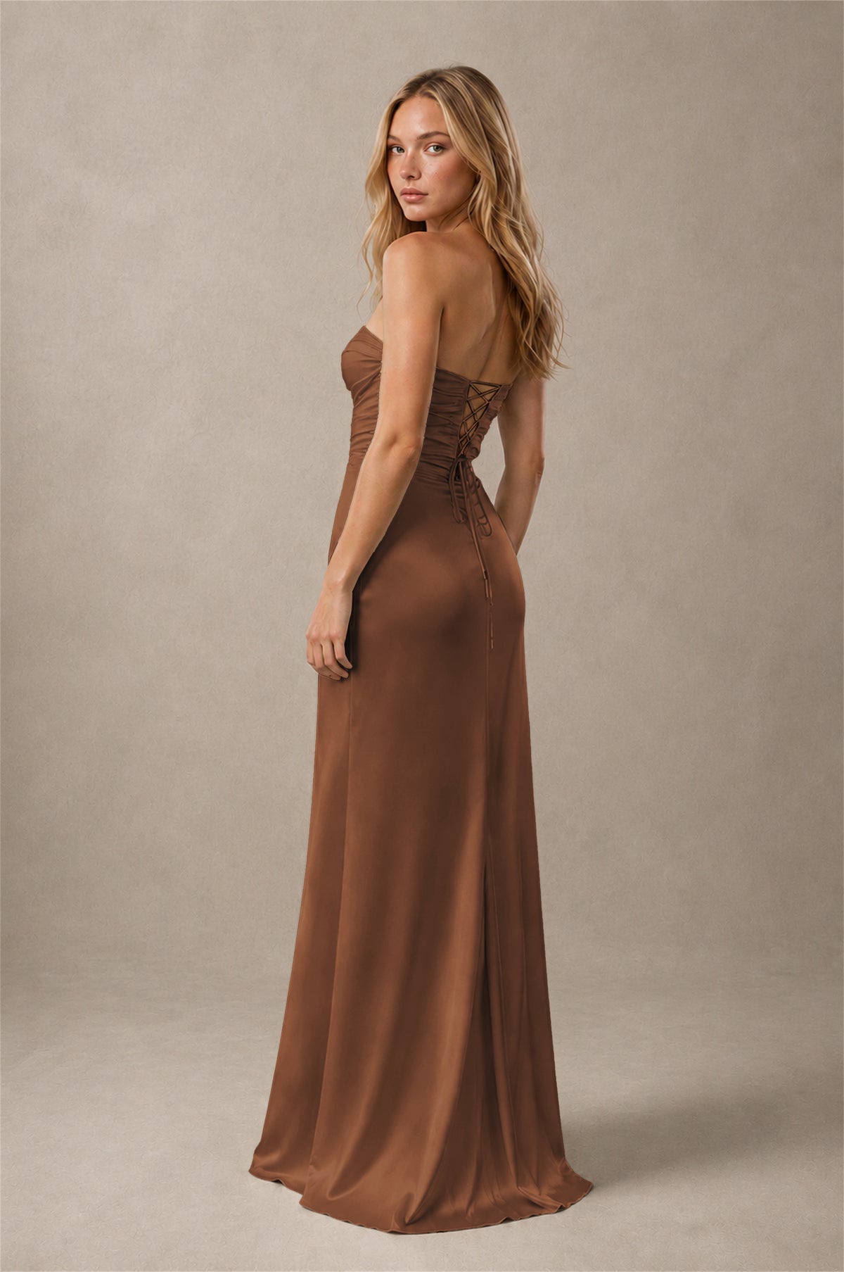 BOLODOO Brown Sweetheart Strapless Twist Knot Cutout Lace-Up Back Satin Mermaid Maxi Dress - Brown - Brown (2)