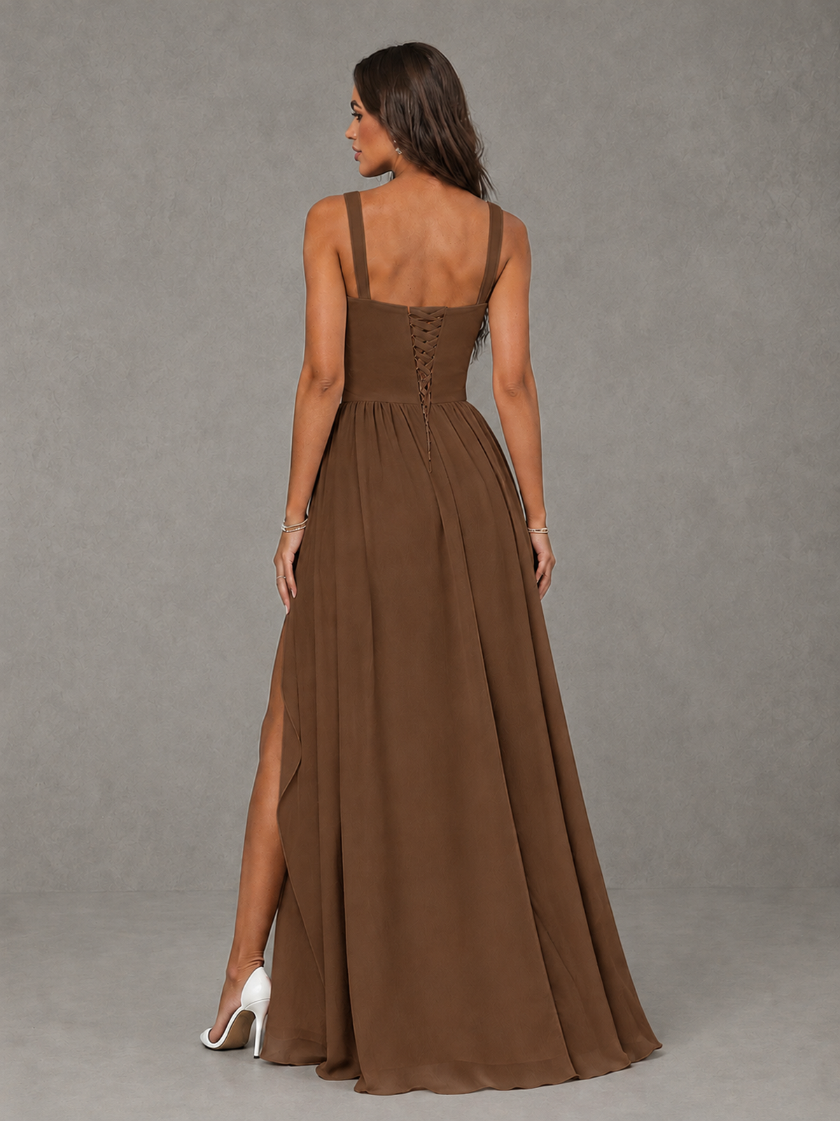 BOLODOO Brown A-Line Bridesmaid Dress with High Slit & Lace-Up Back - Brown - Brown (2)