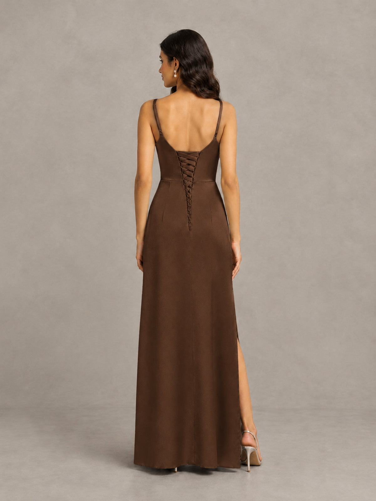 BOLODOO Brown Cowl Neck Satin Bridesmaid Dress with Slit - Brown - Brown (2)