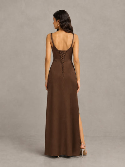 BOLODOO Brown Cowl Neck Satin Bridesmaid Dress with Slit - Brown - Brown (2)