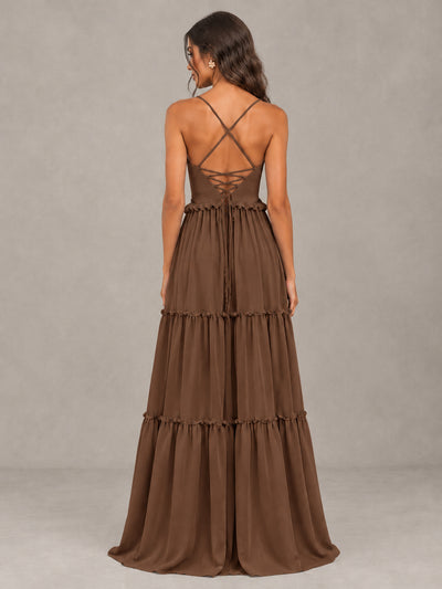 BOLODOO Brown Tiered V-Neck Lace-Up Back Bridesmaid Dress - Brown - Brown (2)