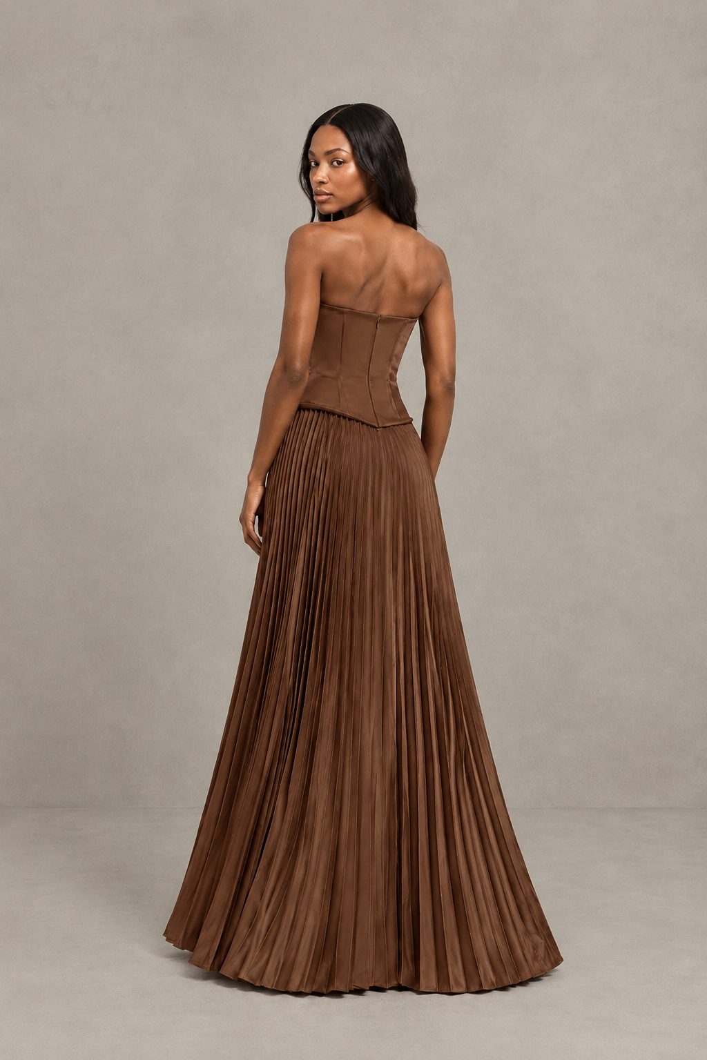 BOLODOO Brown Strapless Pleated Satin Evening Prom Dress - Brown