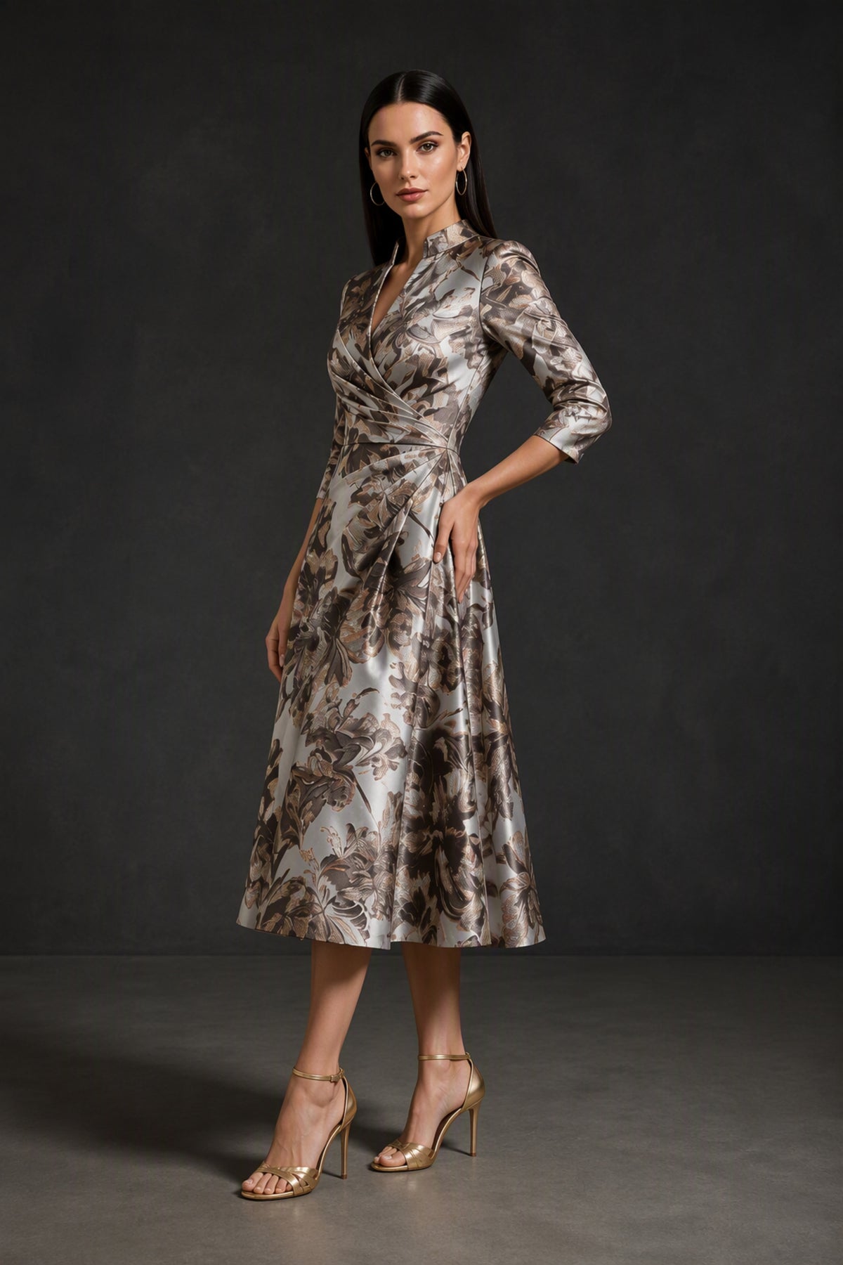 BOLODOO Brown Floral Jacquard Wrap Midi Dress with Three-Quarter Sleeves - Brown