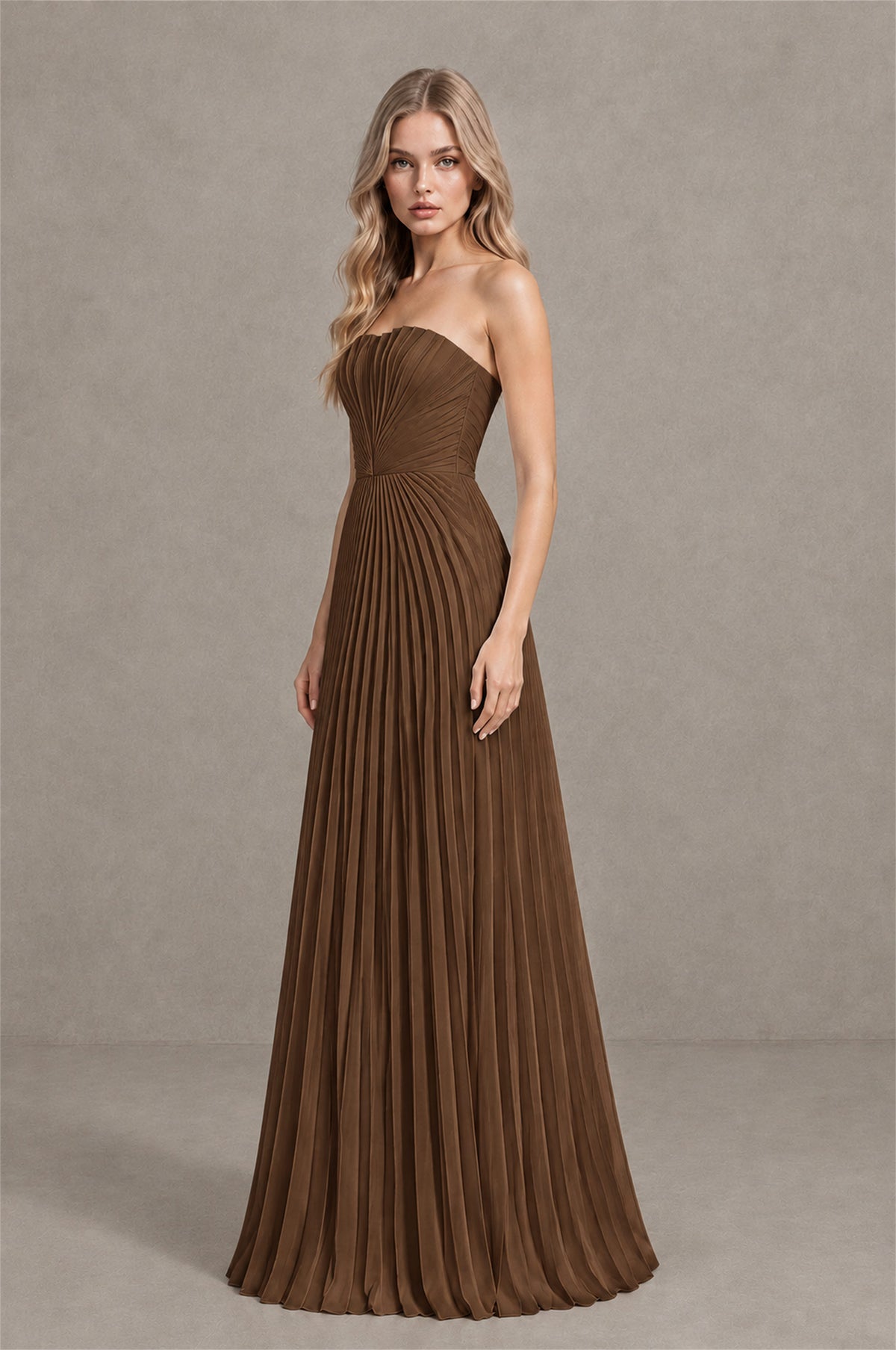 BOLODOO Brown Strapless Sunburst Pleated Twisted Knot Lace-Up Back Accordion Pleated Chiffon Maxi Dress - Brown