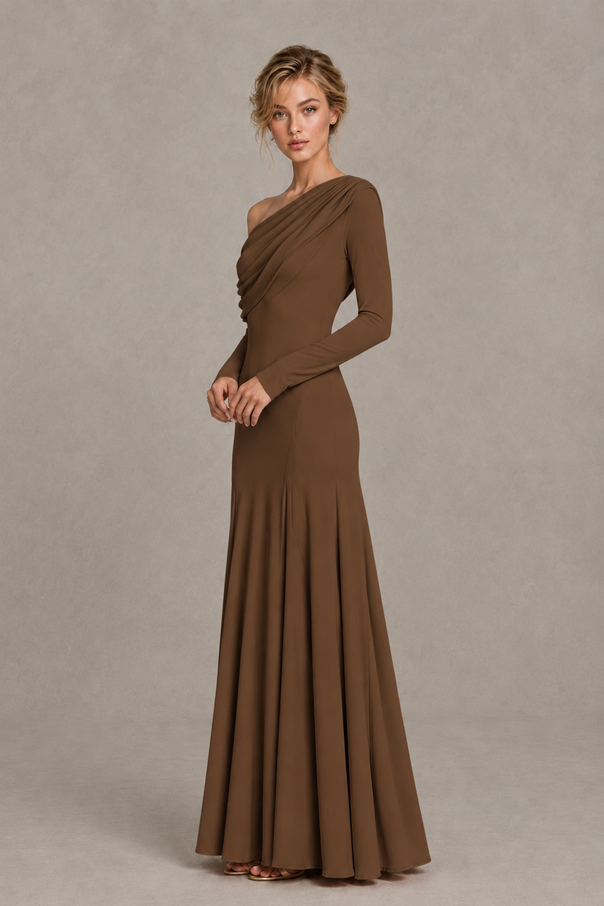 BOLODOO Brown Asymmetric Draped Long Sleeve Evening Gown - Brown