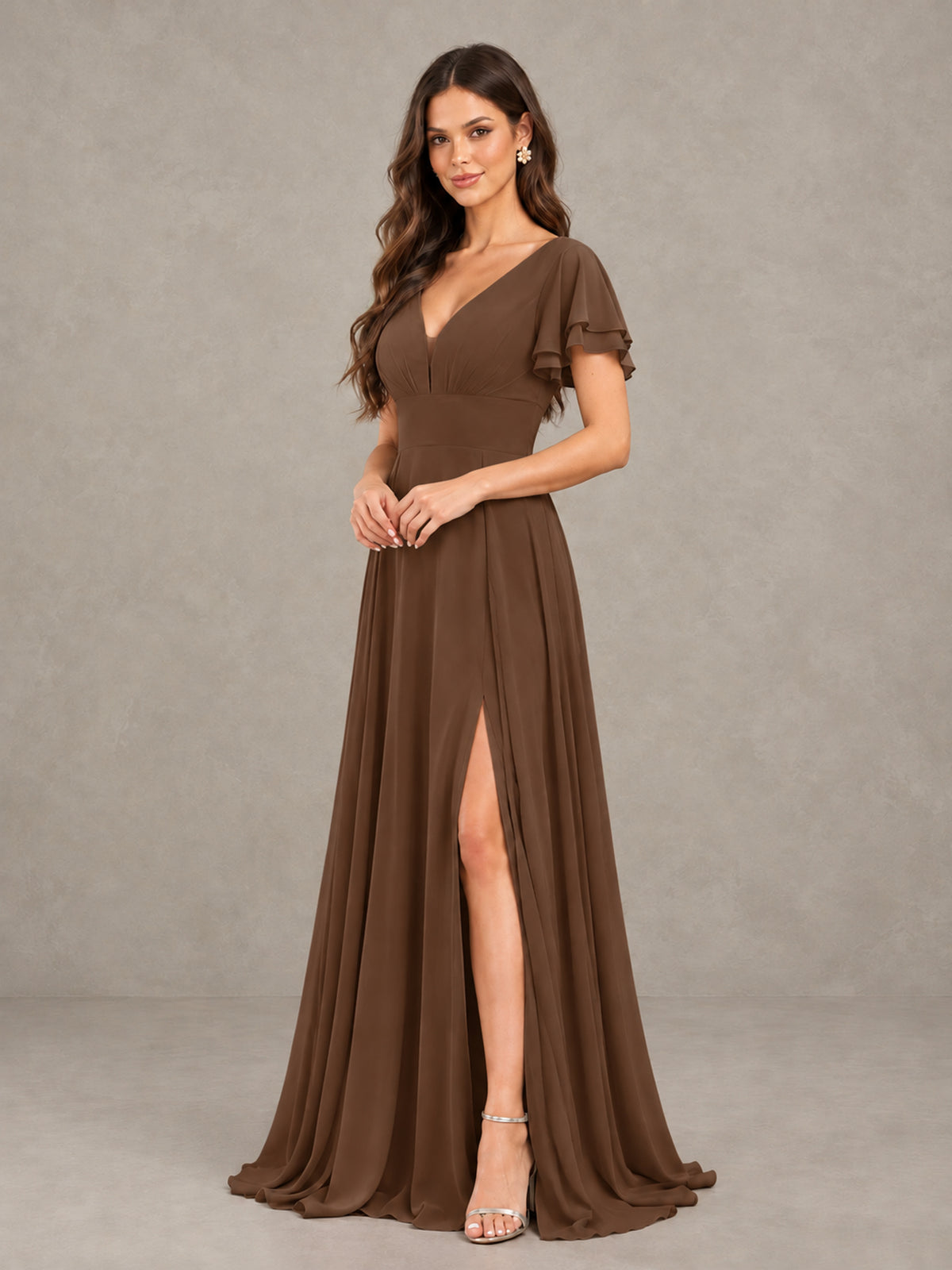 BOLODOO Brown Flutter Sleeve Chiffon A-Line Maxi Bridesmaid Dress with Open Back & Slit - Brown - Brown (3)