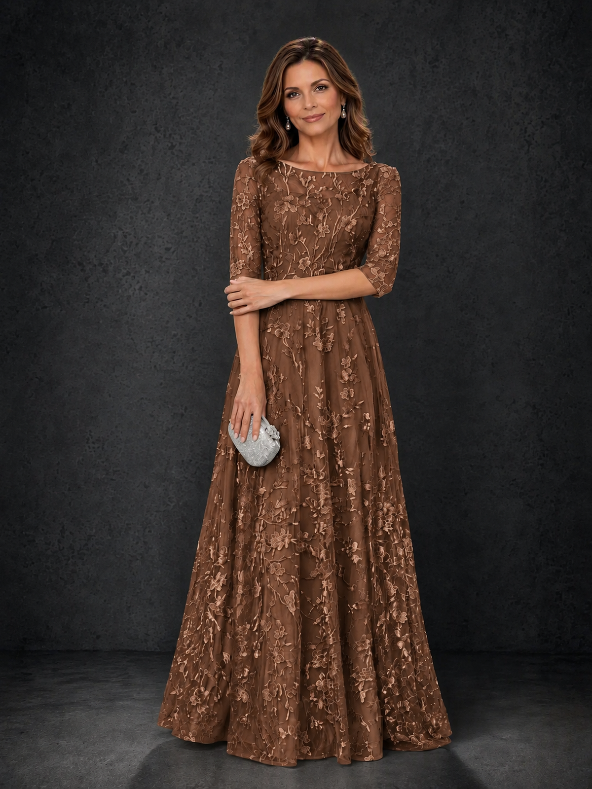 BOLODOO Wisteria Brown Illusion Bateau Neck 3/4 Sleeve Floral Lace A-Line Mother of the Bride Dress MX007 - Brown