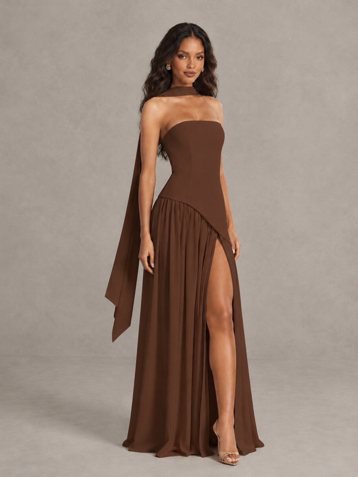 Brown Strapless Bridesmaid Dress with Scarf & High Slit - Brown - Brown (3)