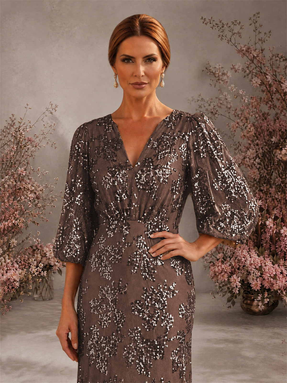 BOLODOO Brown V-Neck Lantern Sleeve All-Over Sequin Floral Embroidered Mermaid Gown - Brown
