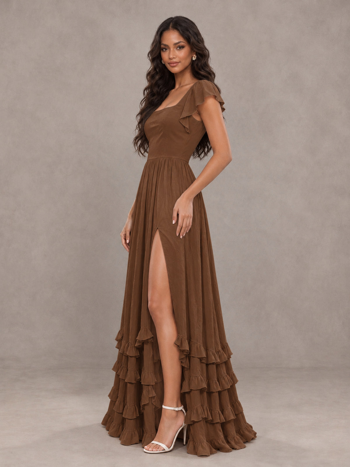 BOLODOO Brown Flutter Sleeve Ruffle Bridesmaid Dress with Slit - Brown - Brown (3)
