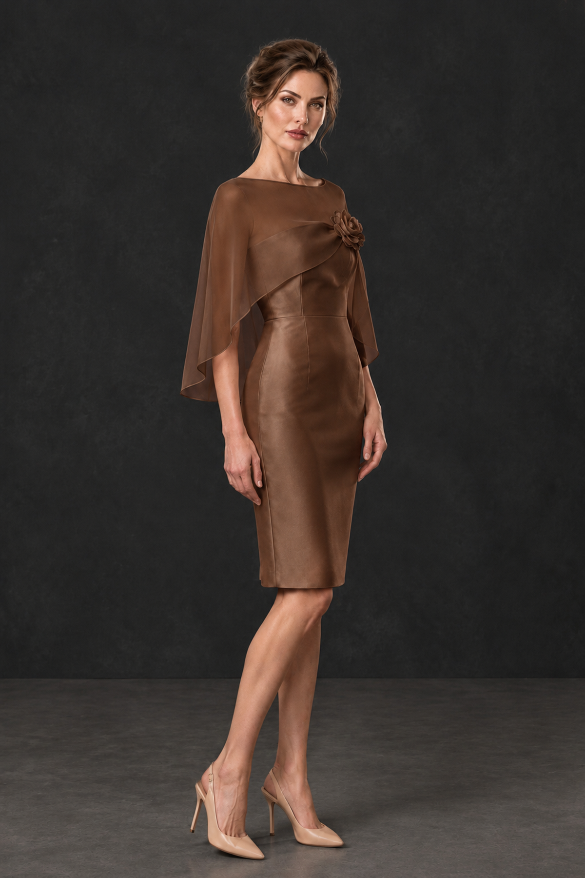 BOLODOO Brown Cape Knee-Length Mother of the Bride Dress - Brown - Brown (3)