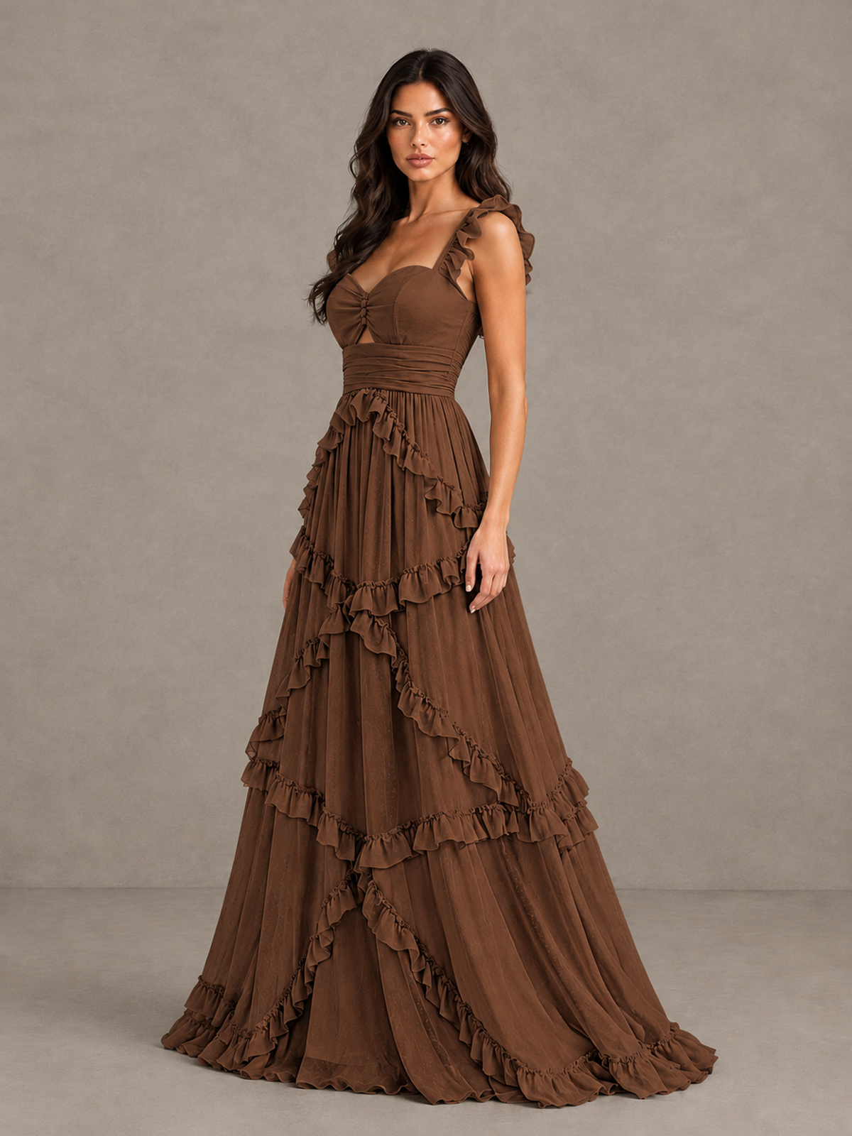 BOLODOO Brown Ruffle A-Line Prom Dress with Open Back - Brown - Brown (3)