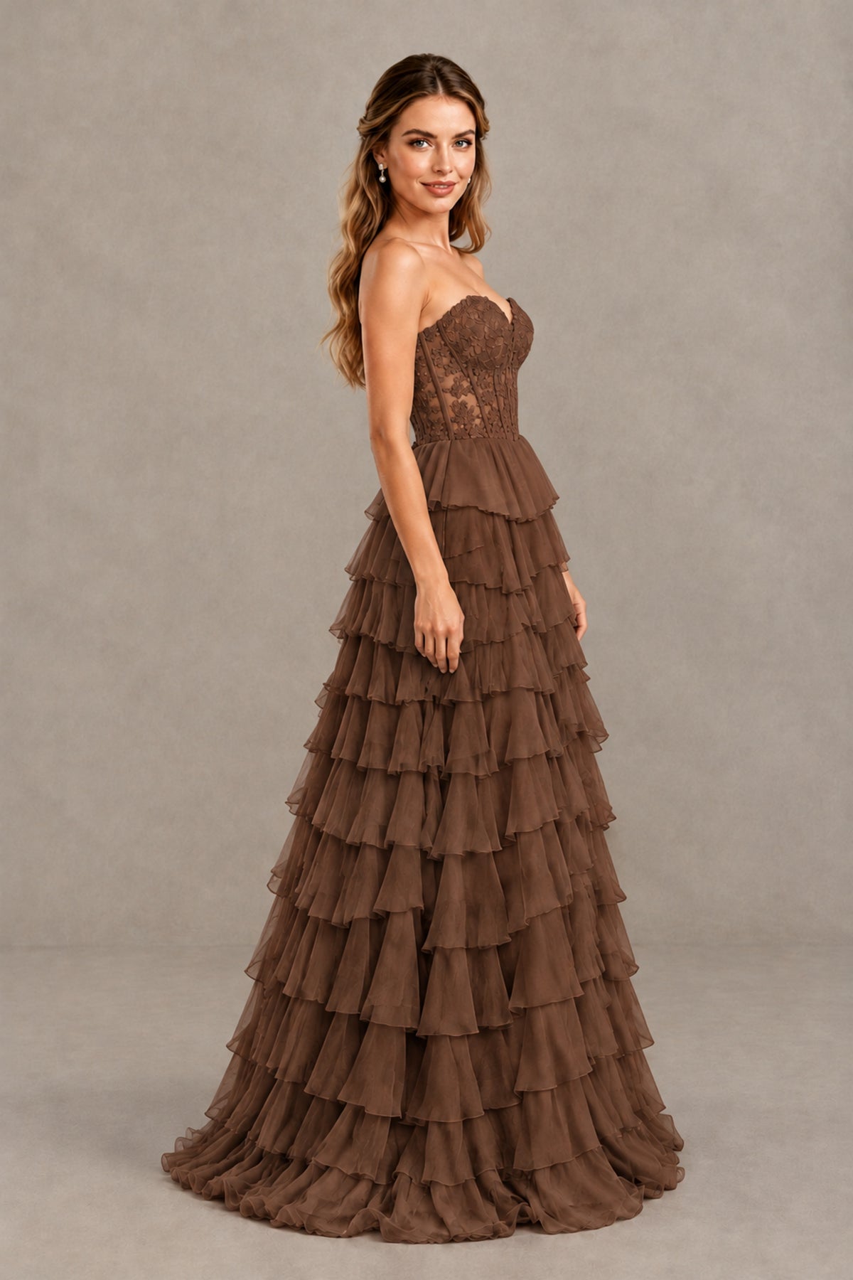 BOLODOO Brown Strapless Lace Corset Tiered Ruffle Prom Dress with Slit - Brown - Brown (3)