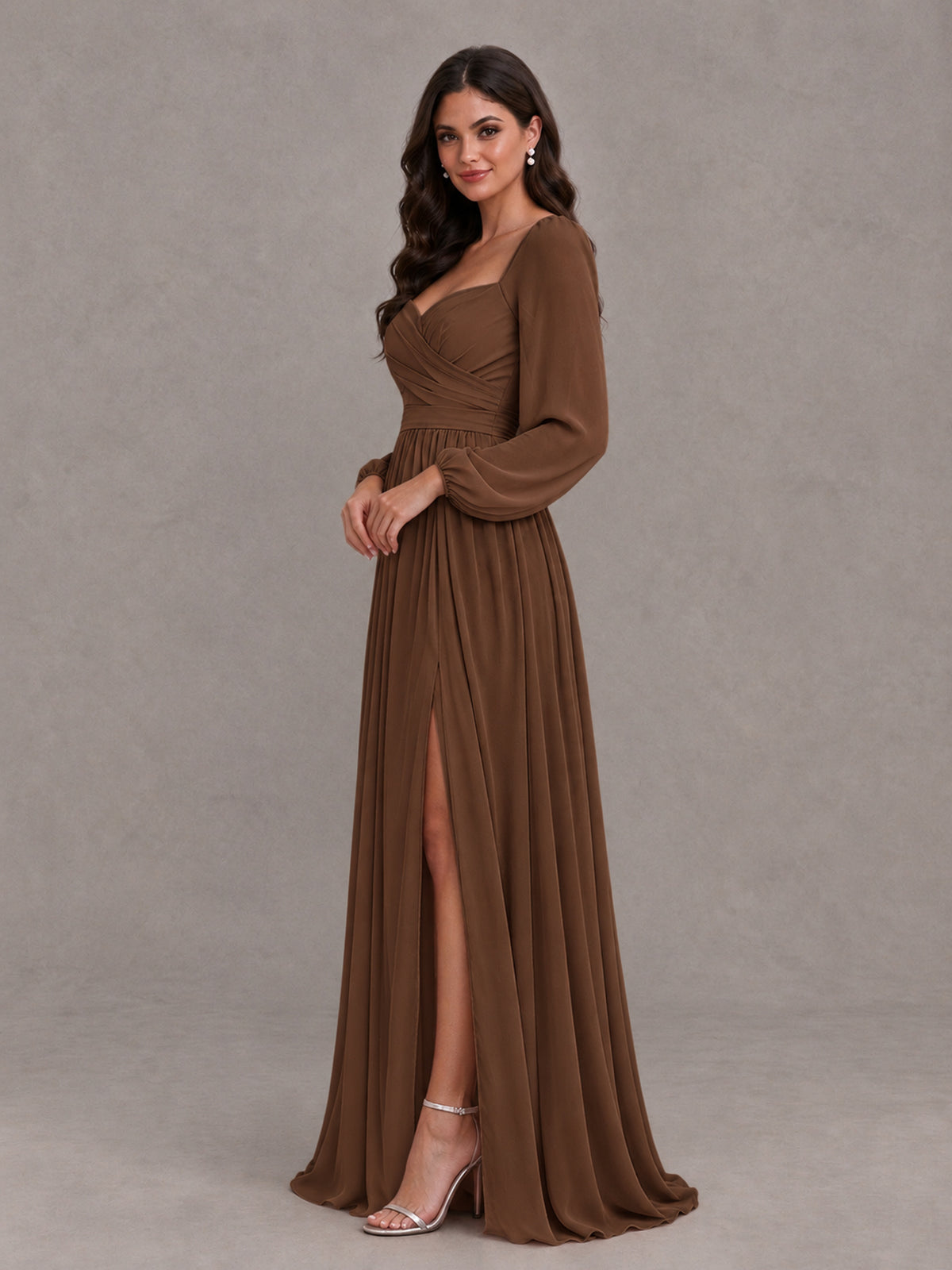 BOLODOO Brown Long Sleeve Chiffon Bridesmaid Dress with Slit - Brown - Brown (3)