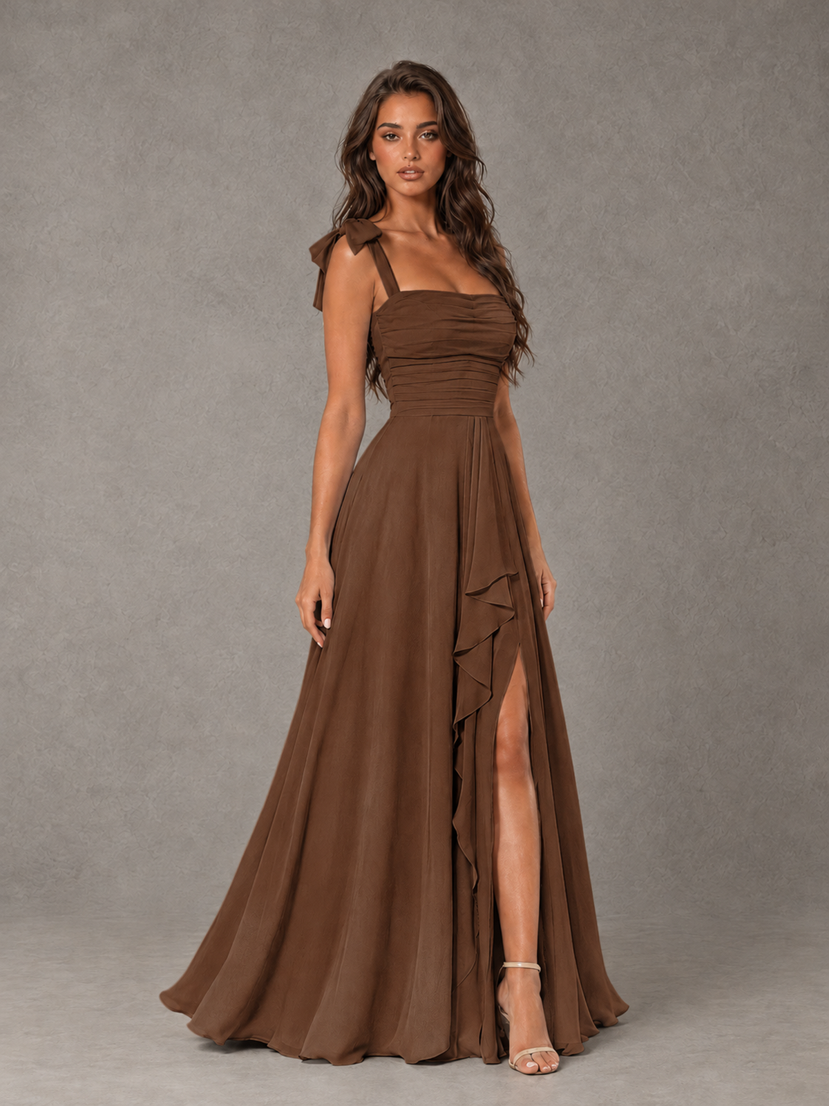 BOLODOO Brown Bow-Strap Bridesmaid Dress with Ruffle Slit - Brown - Brown (3)