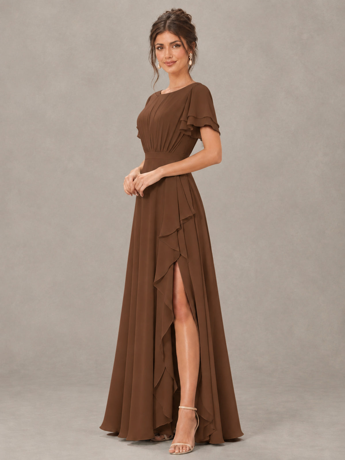 BOLODOO Brown Flutter Sleeve Ruffle Bridesmaid Dress with Slit - Brown - Brown (3)