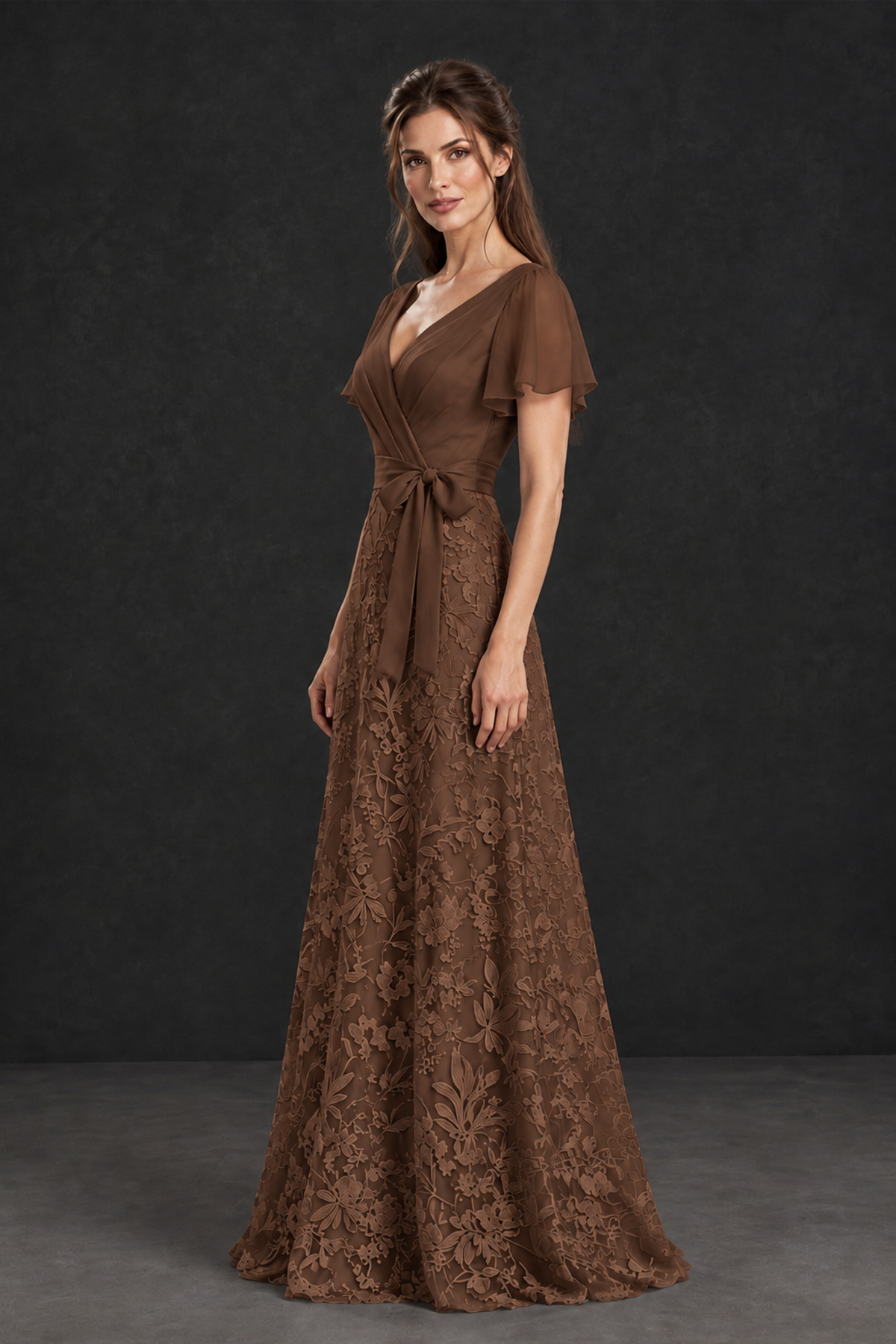 BOLODOO Brown Flutter Sleeve Lace Mother of the Bride Dress - Brown