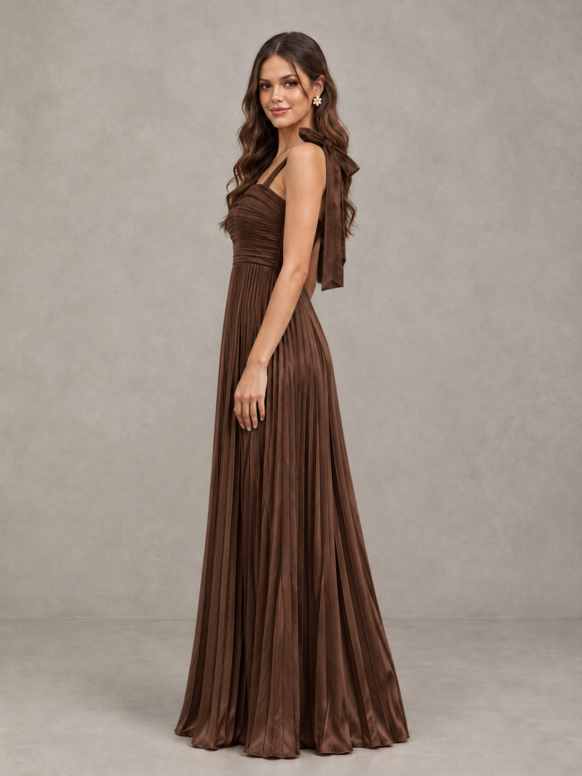 BOLODOO Brown Pleated Bow-Strap Bridesmaid Maxi Dress - Brown - Brown (3)