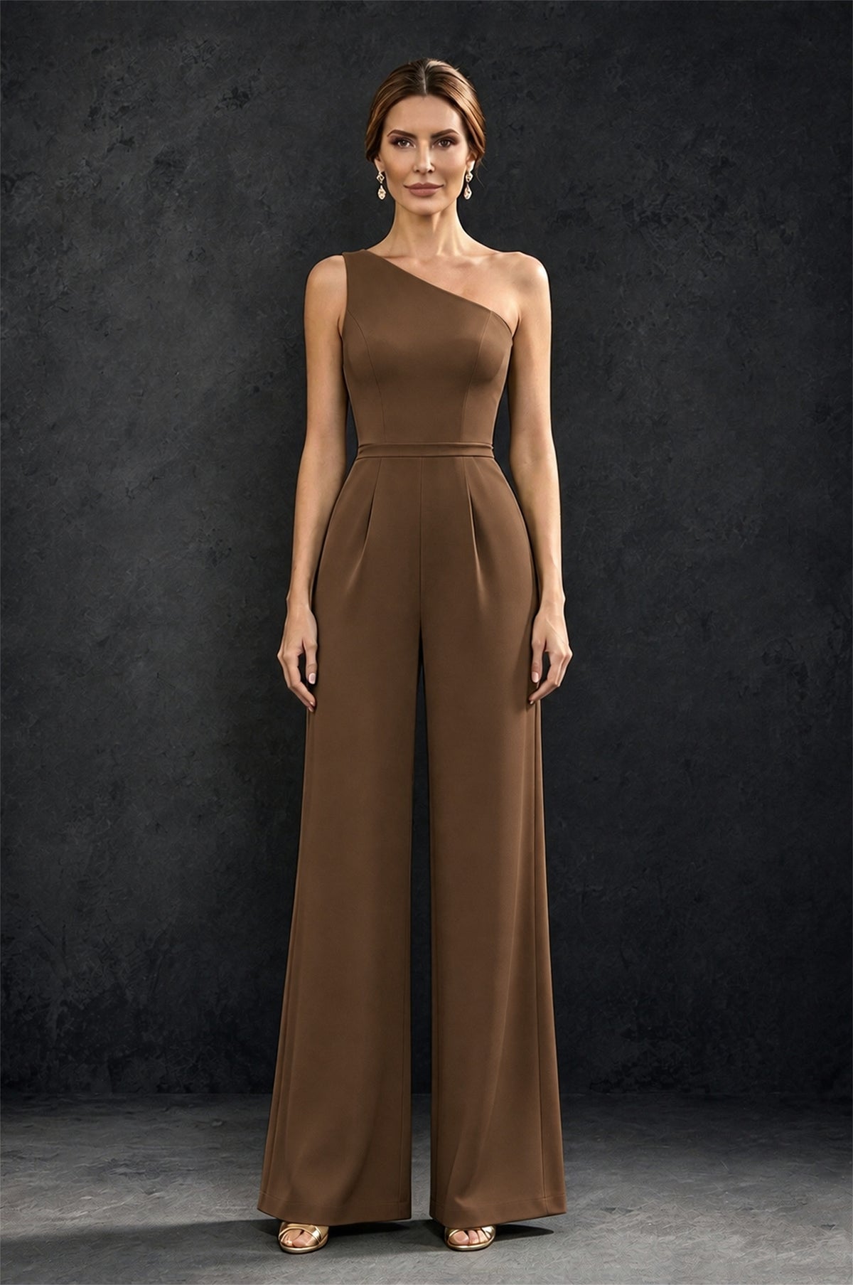BOLODOO Brown 2-Piece Set: Off-Shoulder 3D Floral Cape Gown & One-Shoulder Wide-Leg Jumpsuit | BD0373 - Brown