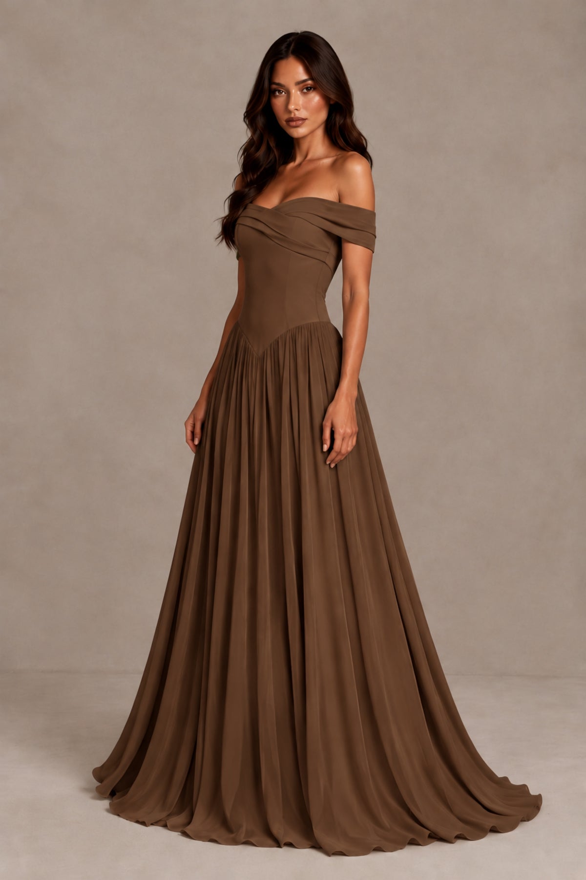 BOLODOO Brown Off-Shoulder Sweetheart Corset Pleated Chiffon Maxi Dress - Brown - Brown (3)