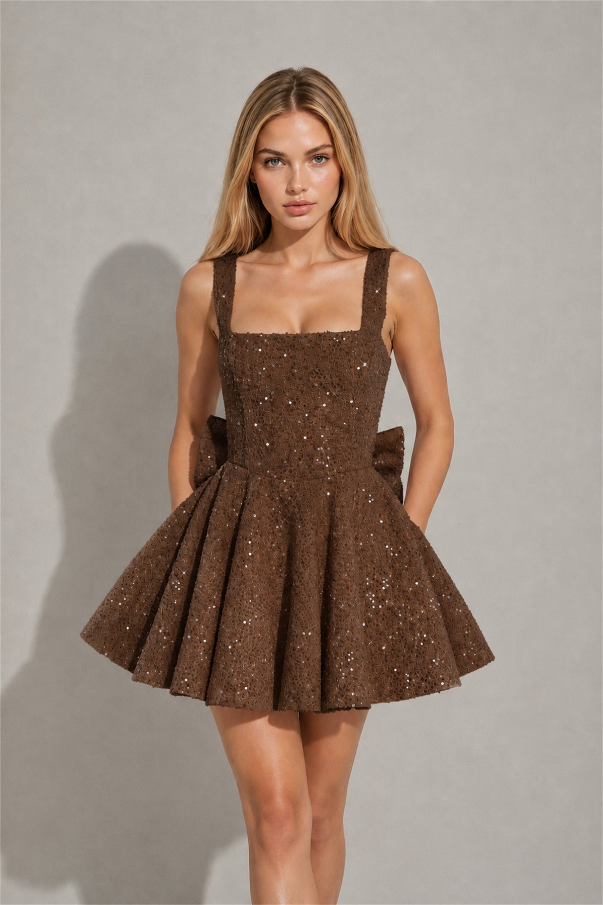 BOLODOO Brown Sequin Square Neck Wide Strap Bow Waist Open Back Fit and Flare Mini Dress | Prom Birthday Party Dress - Brown