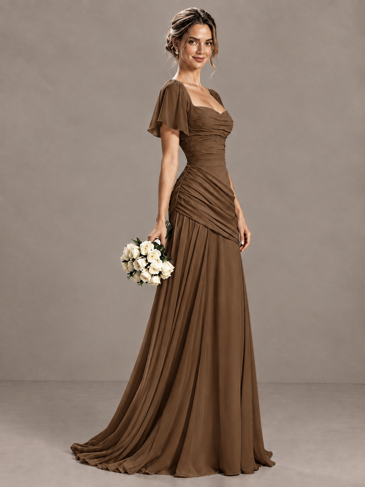 BOLODOO Brown Flutter Sleeve Lace-Up Back Maxi Dress - Brown - Brown (3)