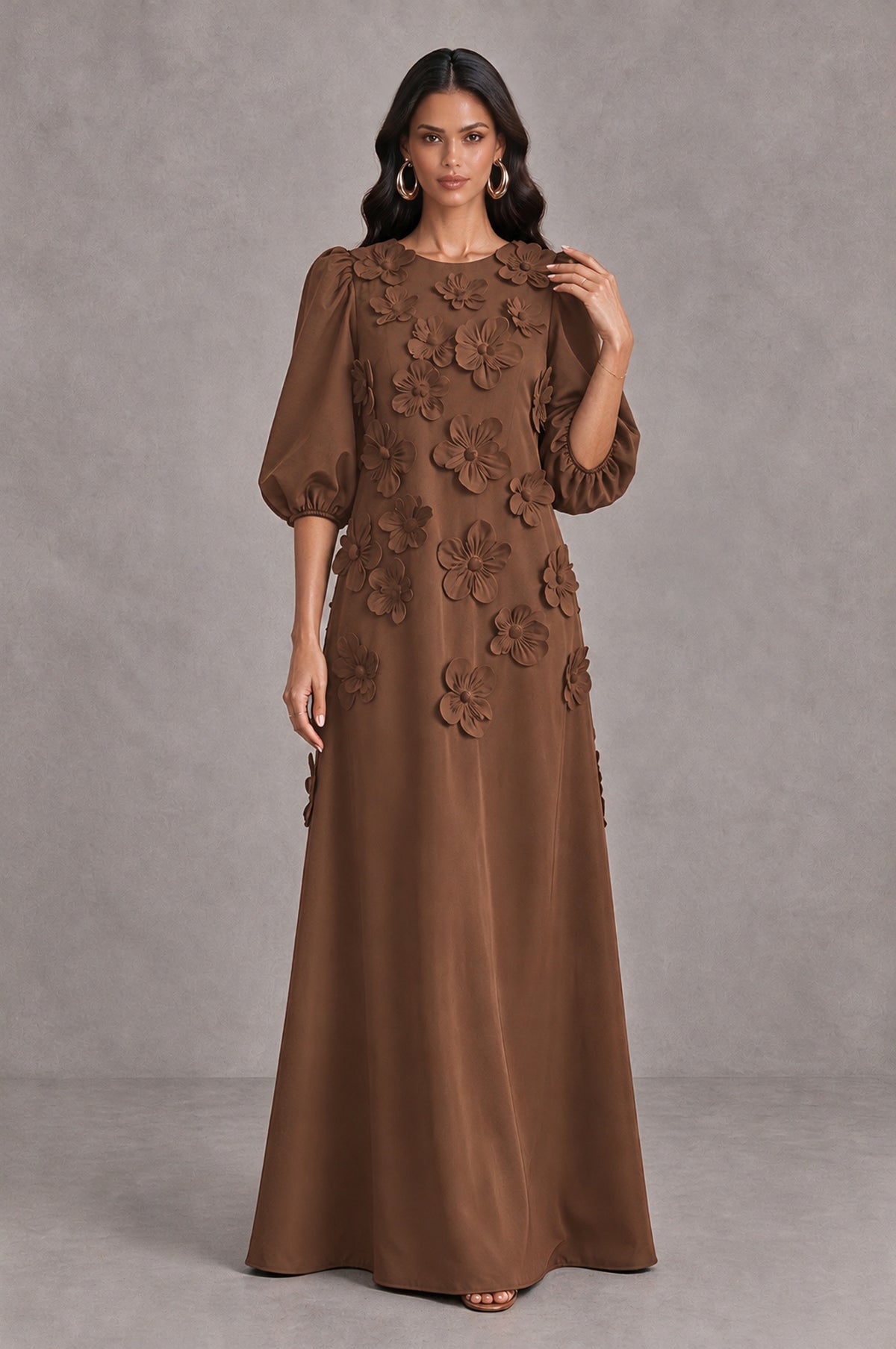 BOLODOO Brown Floral Applique Puff Sleeve A-Line Evening Dress - Brown - Brown (3)