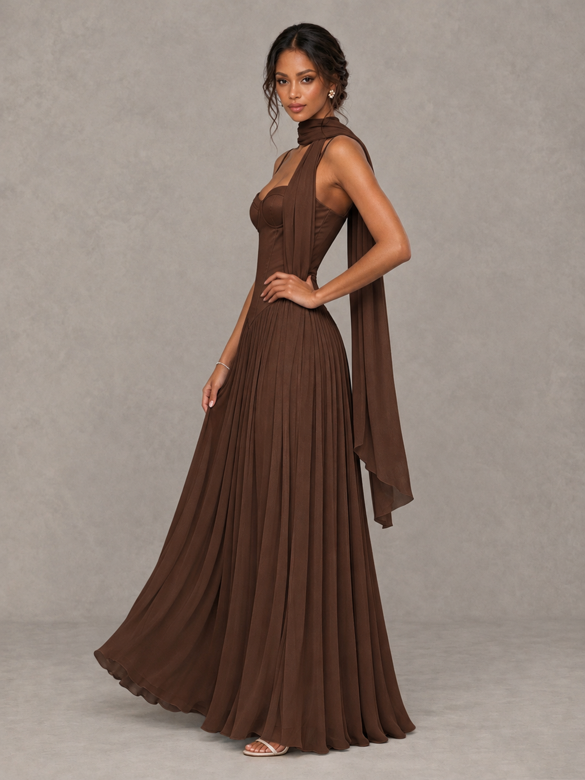 BOLODOO Brown Corset Bridesmaid Dress with Scarf - Brown - Brown (3)