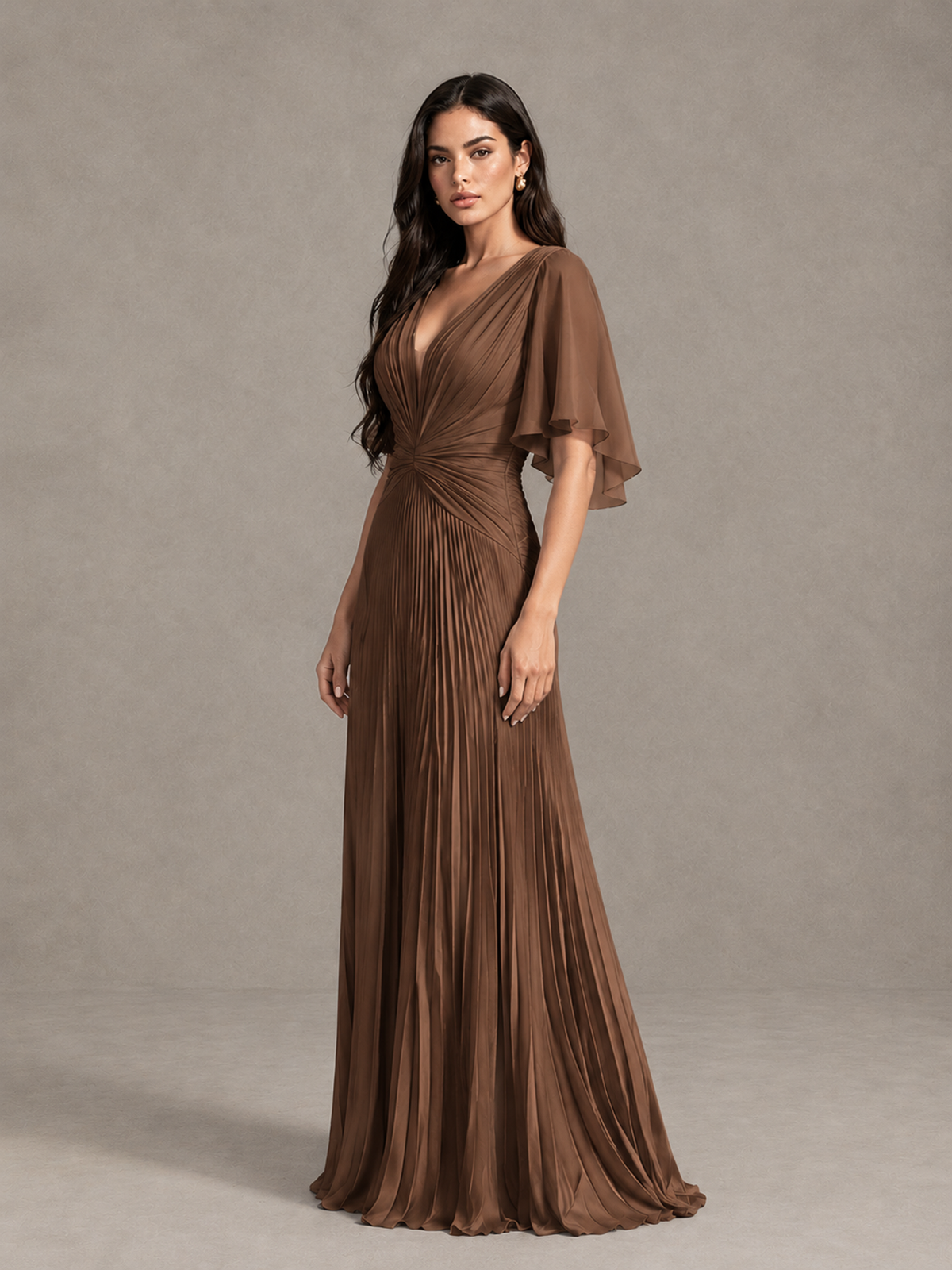 BOLODOO Brown Pleated V-Neck Flutter Sleeve Bridesmaid Dress - Brown - Brown (3)