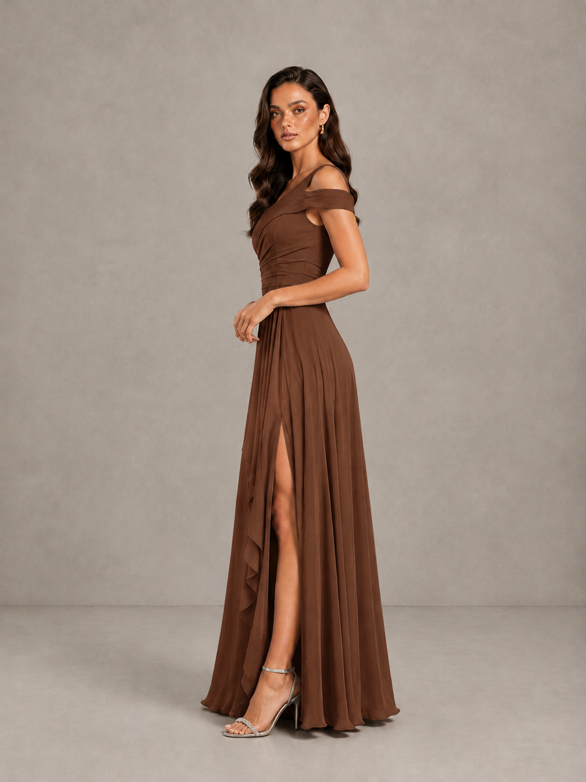 BOLODOO Brown One-Shoulder Bridesmaid Dress with Side Slit - Brown - Brown (3)